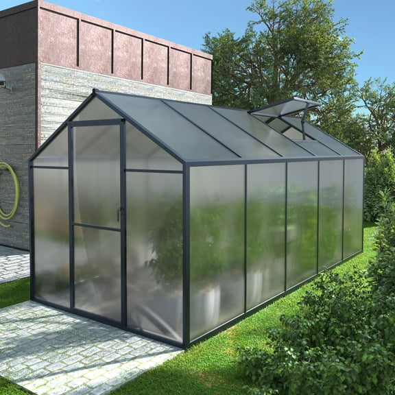 VEIKOUS 10' x 6' Walk-in Greenhouse for Patio w/ Aluminum Frame, Lockable Door and Window, Gray