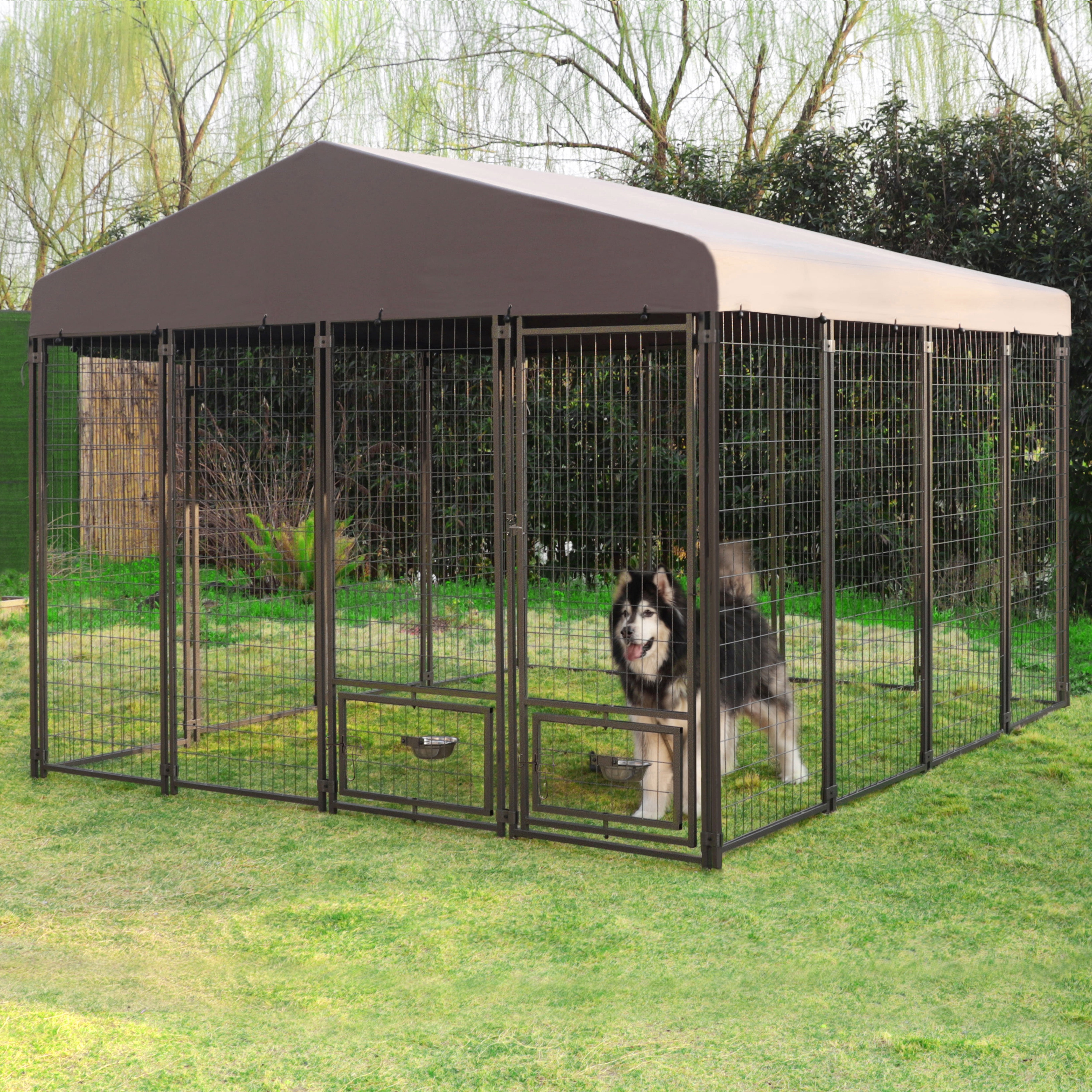 VEIKOUS 10'x10' Outdoor Dog Kennel, XL Steel Dog Crate with Canopy and ...