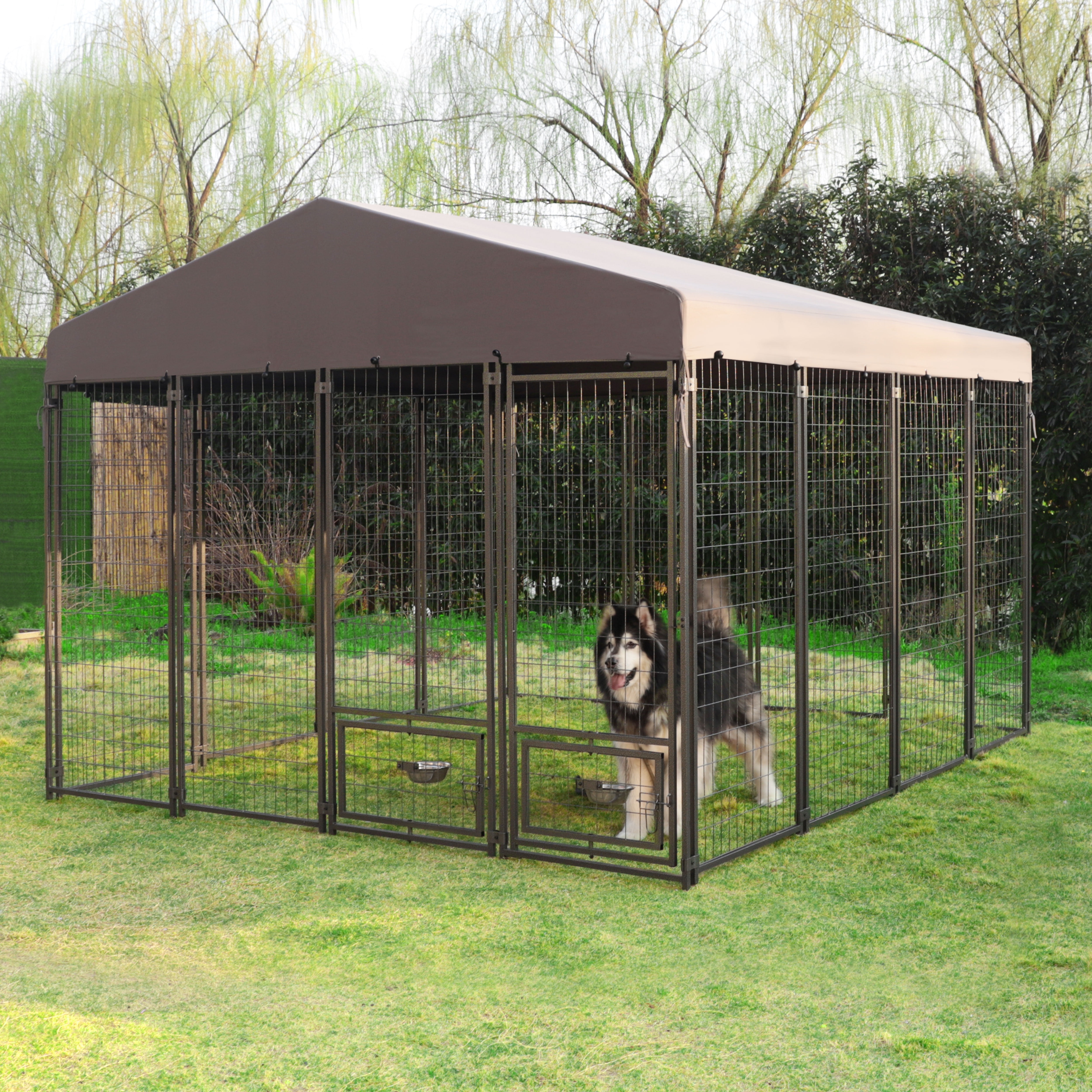 VEIKOUS 10'x10' Outdoor Dog Kennel, XL Steel Dog Crate with Canopy