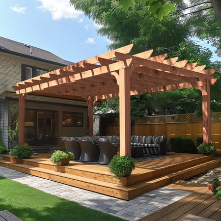 VEIKOUS 12' X 16' Outdoor Cedar Wood Pergola Flat Roof W/ Grape Trellis for Patio, Garden