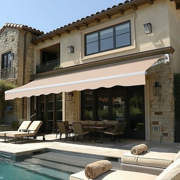 VEIKOUS 12' x 10' Outdoor Awning, Retractable Sun/Rain Shade Awning W/Manual Crank for Patio, Deck, Door, Beige