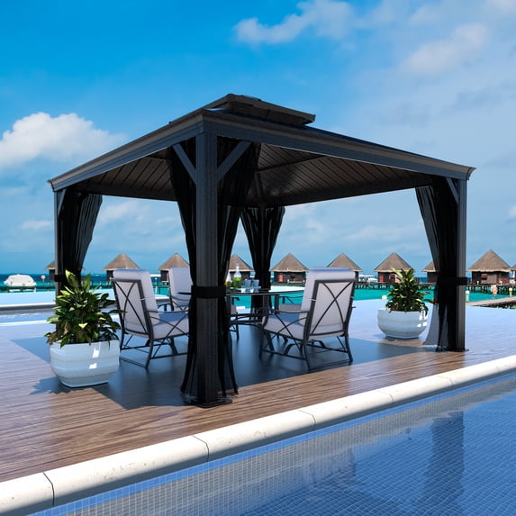 VEIKOUS 12'x12' Outdoor Hardtop Gazebo, Double Roof Metal Gazebo for Patio, Garden, Lawn, Party, Black