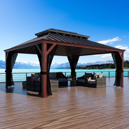 VEIKOUS 12' x 16' Outdoor Hardtop Gazebo, Wood Grain Gazebo w/Double Metal Roof for Patio, Rustic