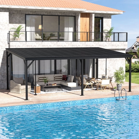 VEIKOUS 12' x 20' Hardtop Lean-to Gazebo, Outdoor Wall-Mounted Leaning Pergola Shelter W/ Sloping Galvanized Steel Roof, Upgraded Drainage System for Deck, Porch, Backyard