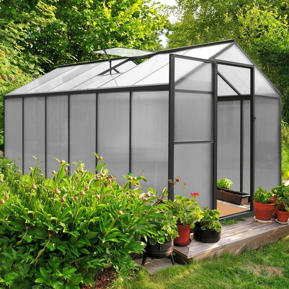 VEIKOUS 12' x 6' Outdoor Greenhouse Walk-In w/Adjustable Sunroof and Lockable Door, Grey