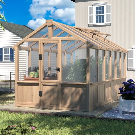 VEIKOUS 12' x 6' Walk-in Cedar Wood Greenhouse, Outdoor Polycarbonate Greenhouse W/ Adjustable Sunroof and Lockable Door, Light Mocha Brown
