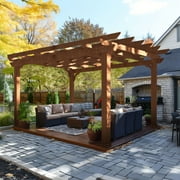 VEIKOUS 12'x10' Cedar Wood Pergola w/ Flat Roof and Ground Stakes for Outdoor Patio, Garden, Deck