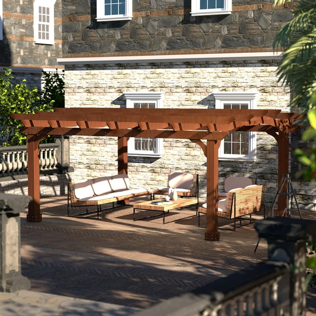 VEIKOUS 12'x10' Cedar Wood Pergola w/ Arched Roof and Ground Stakes for