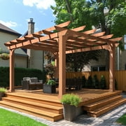 VEIKOUS 12'x10' Cedar Wood Pergola W/ Flat Roof and Ground Stakes for Outdoor Patio, Garden, Deck, Brown