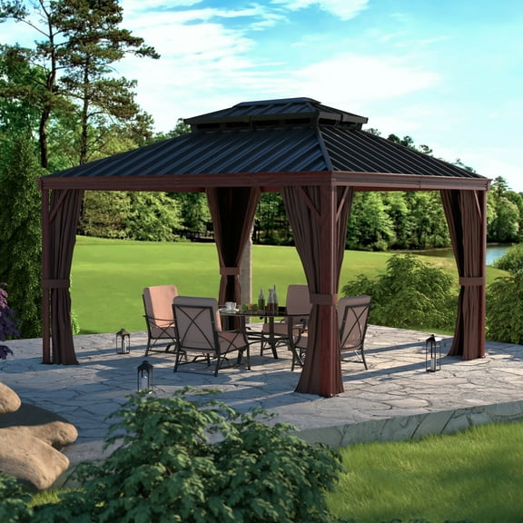 VEIKOUS 12' x 10' Outdoor Hardtop Gazebo, Water-Resistant Aluminum Wood Grain Gazebo, Rustic