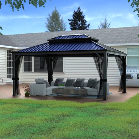 VEIKOUS 12'x14' Outdoor Hardtop Gazebo, Double Roof Pergola Metal Canopy Pavillion for Patios, Gardens, Lawns, Parties, Black