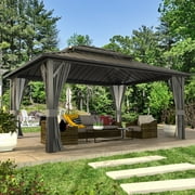 VEIKOUS 12'x14' Outdoor Hardtop Gazebo, Double Roof Pergola Metal Canopy Pavillion for Patios, Gardens, Lawns, Parties, Gray