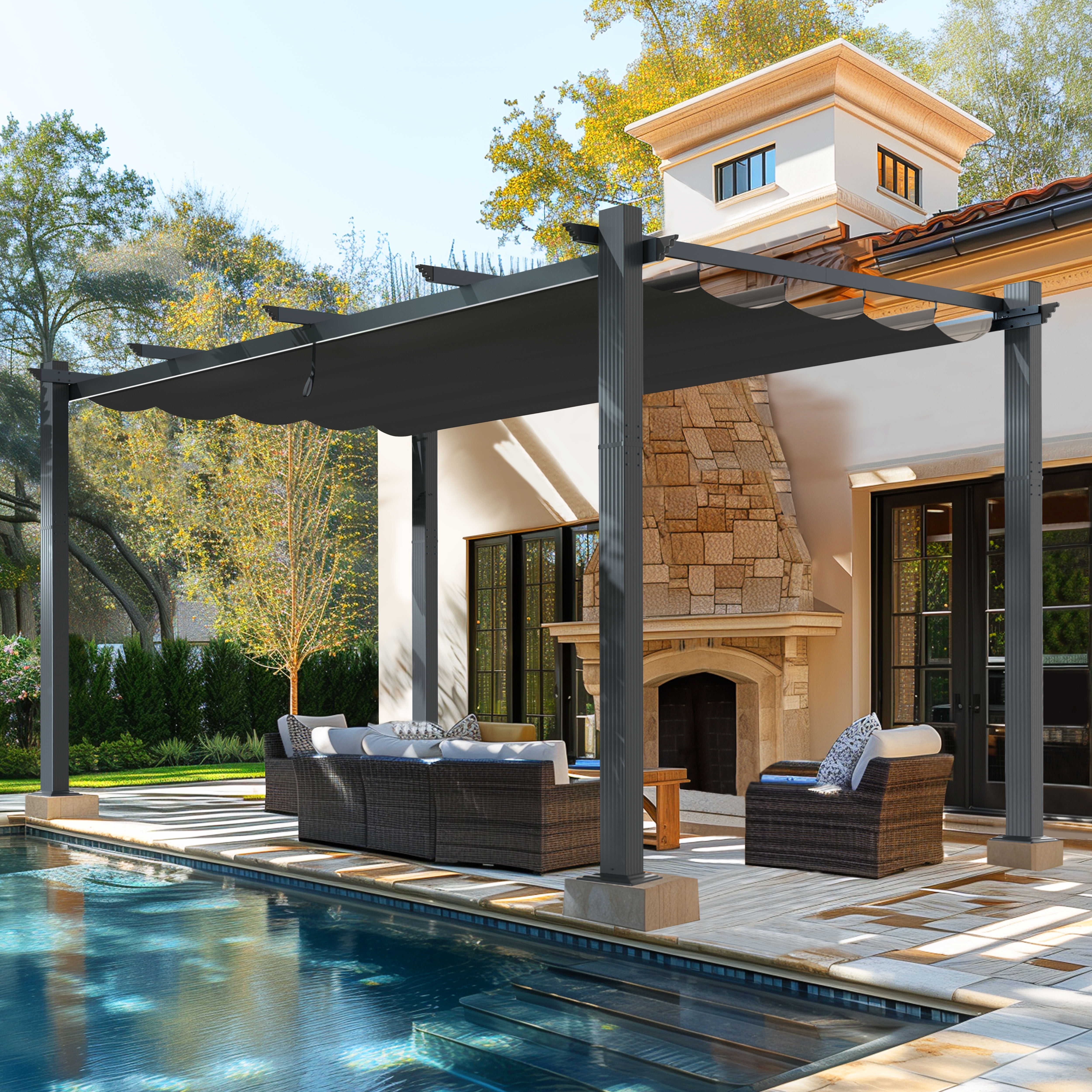 Gray Aluminum 12' x 16' Pergola with Retractable Canopy