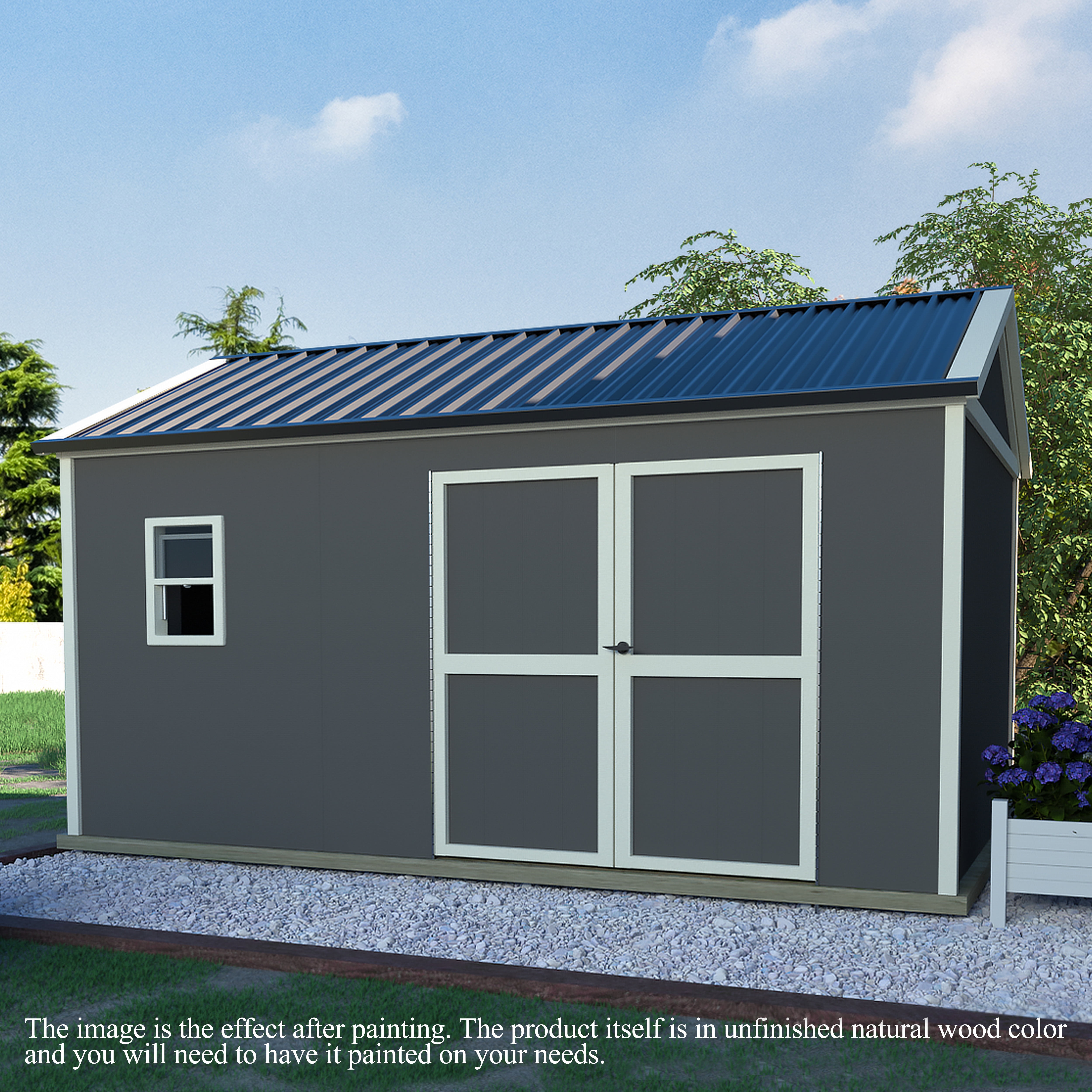 VEIKOUS 12ft x 9ft Outdoor Wood Shed w/ Metal Roof, Garden Tools Storage shed w/ Lockable Door, Window & Vents for Patio