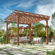 VEIKOUS 12'x10' Cedar Wood Pergola W/ Flat Roof and Ground Stakes for Outdoor Patio, Garden, Deck, Brown