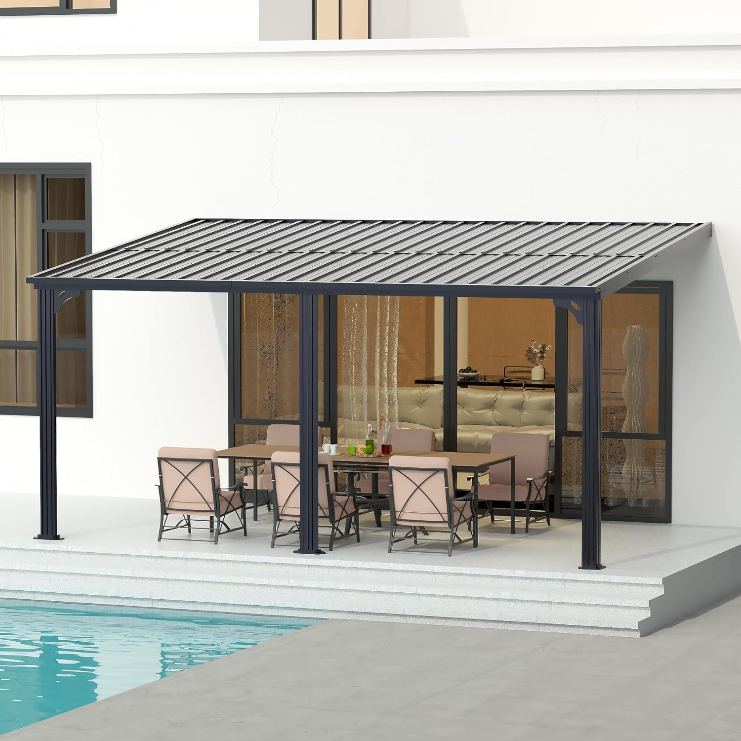 VEIKOUS 14' x 10' Outdoor Hardtop Gazebo, Patio Lean-to Pergola W/ Heavy Duty Galvanized Metal Roof, Black