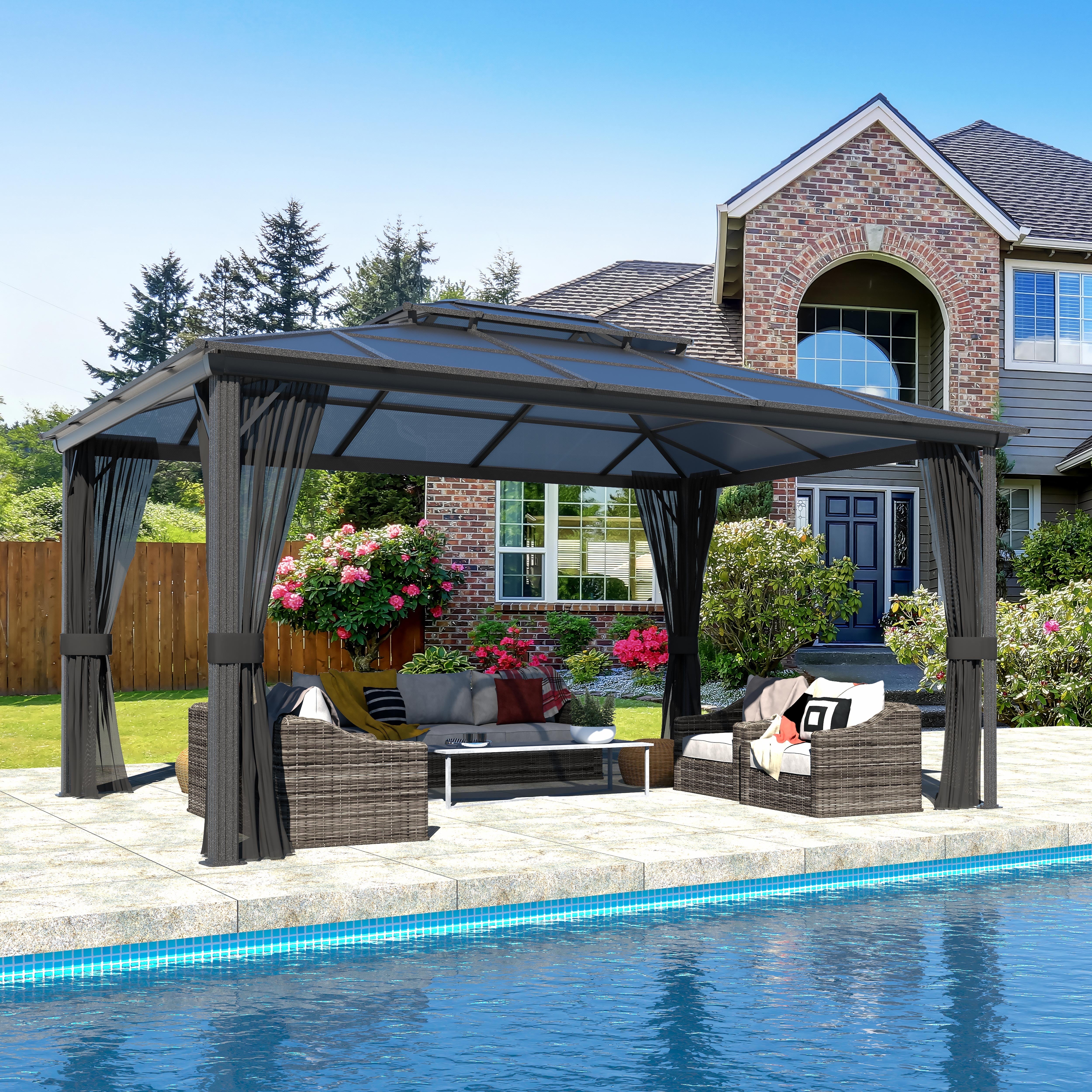 16' x 12' Black Aluminum Patio Gazebo with Curtains