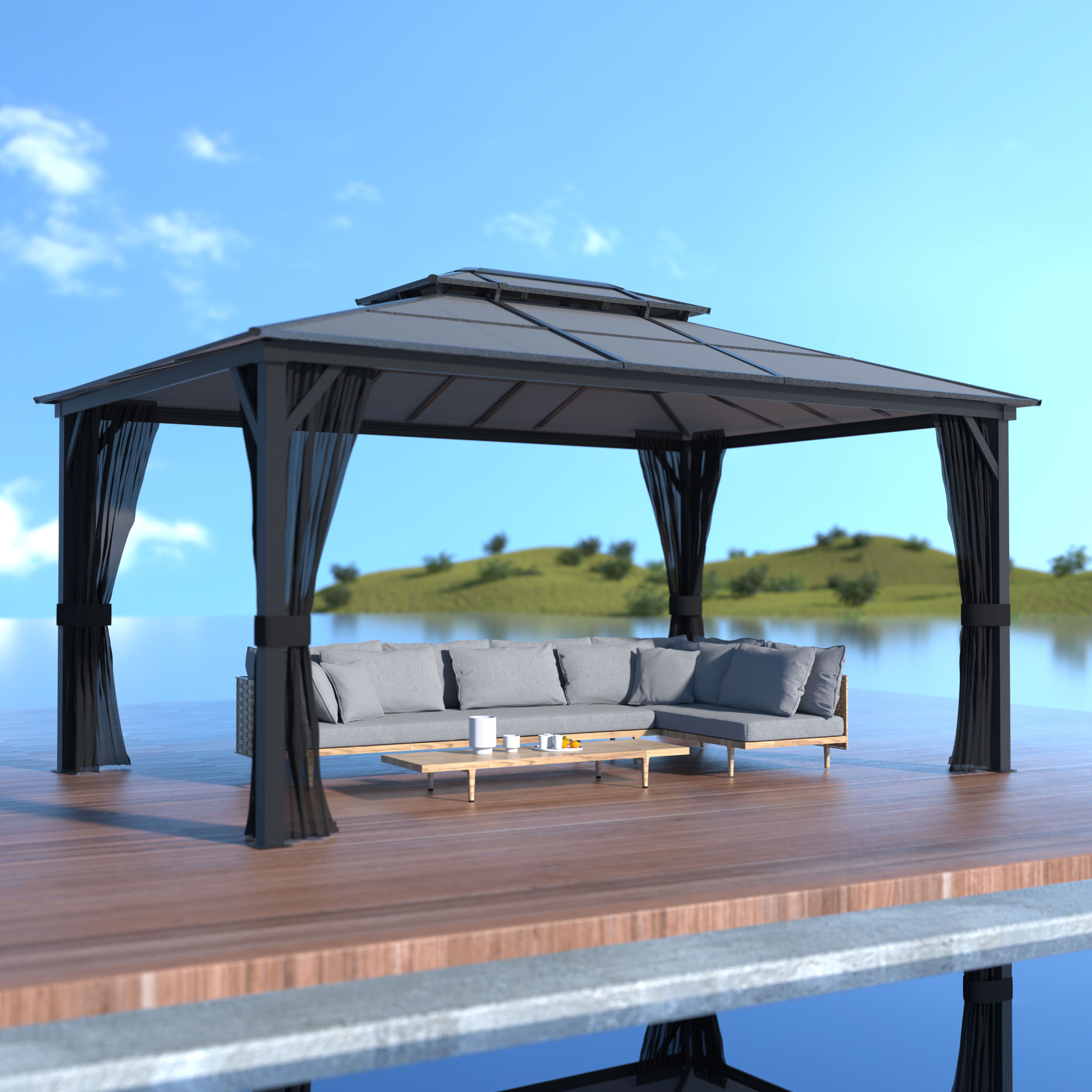 VEIKOUS 16' x 12' Outdoor Hardtop Gazebo, Double Roof Gazebo w/ Nettings for Patio, Garden
