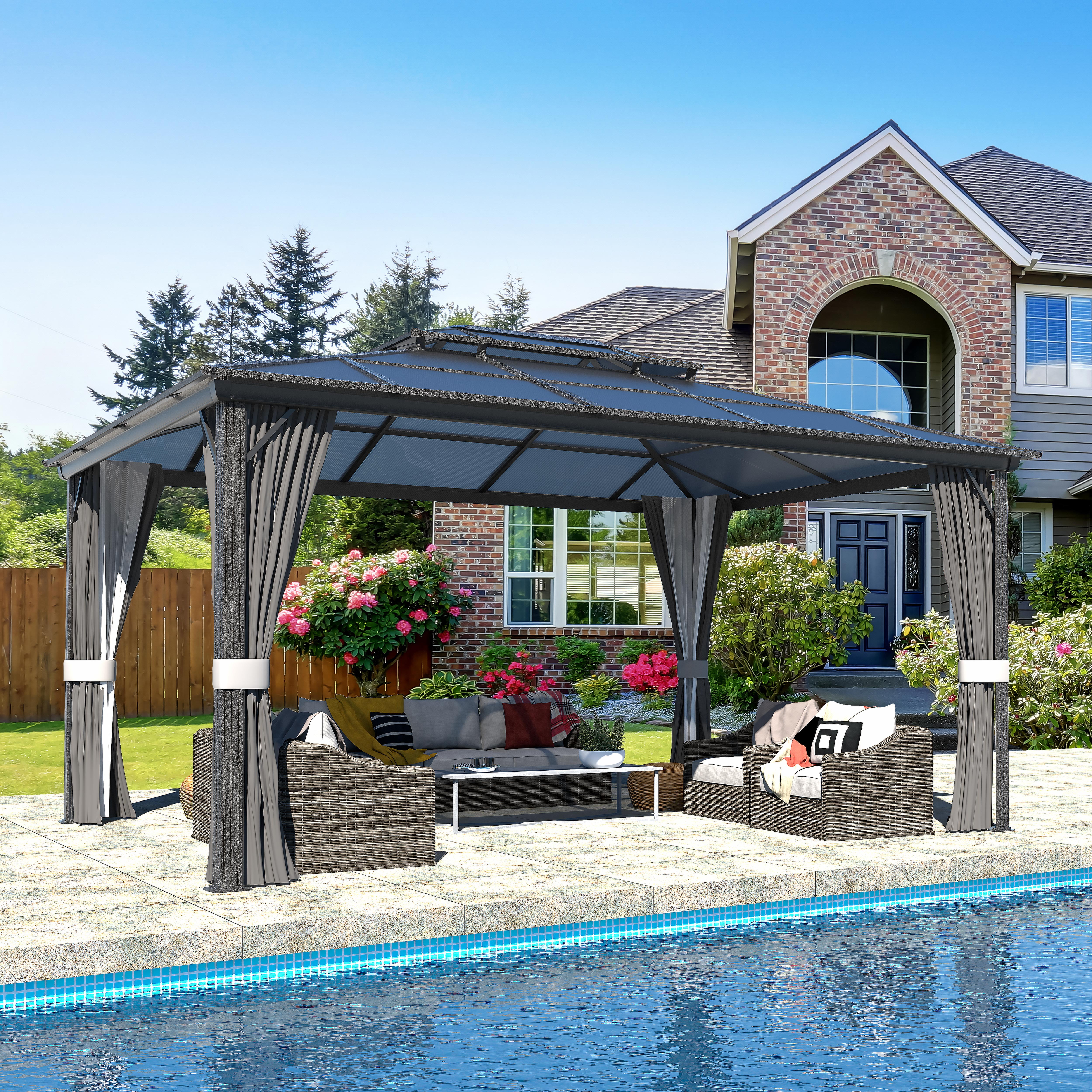 16' x 12' Black Aluminum Patio Gazebo with Curtains
