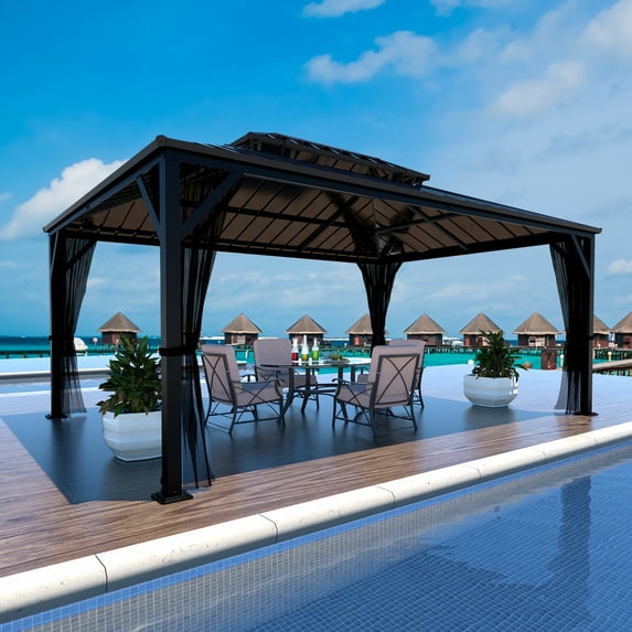 VEIKOUS 16' x 12' Outdoor Hardtop Gazebo, Double Roof Metal Gazebo W/ Nettings for Patio, Garden