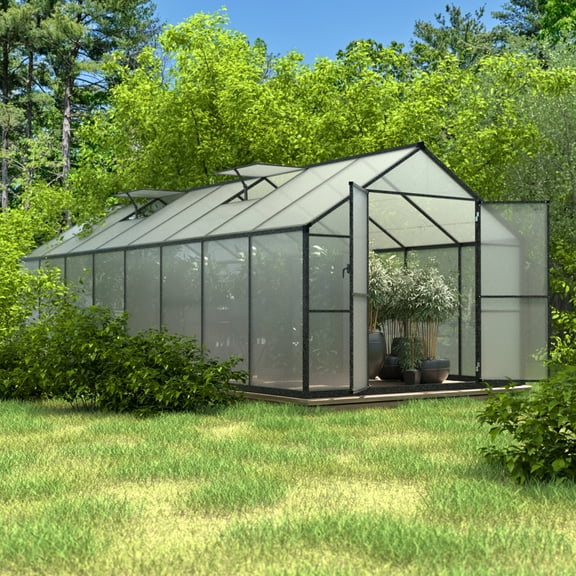 VEIKOUS 16' x 8' Outdoor Greenhouse, Walk-in Polycarbonate Greenhouse W/ Aluminum Frame, Lockable Door and 2 Roof Vents