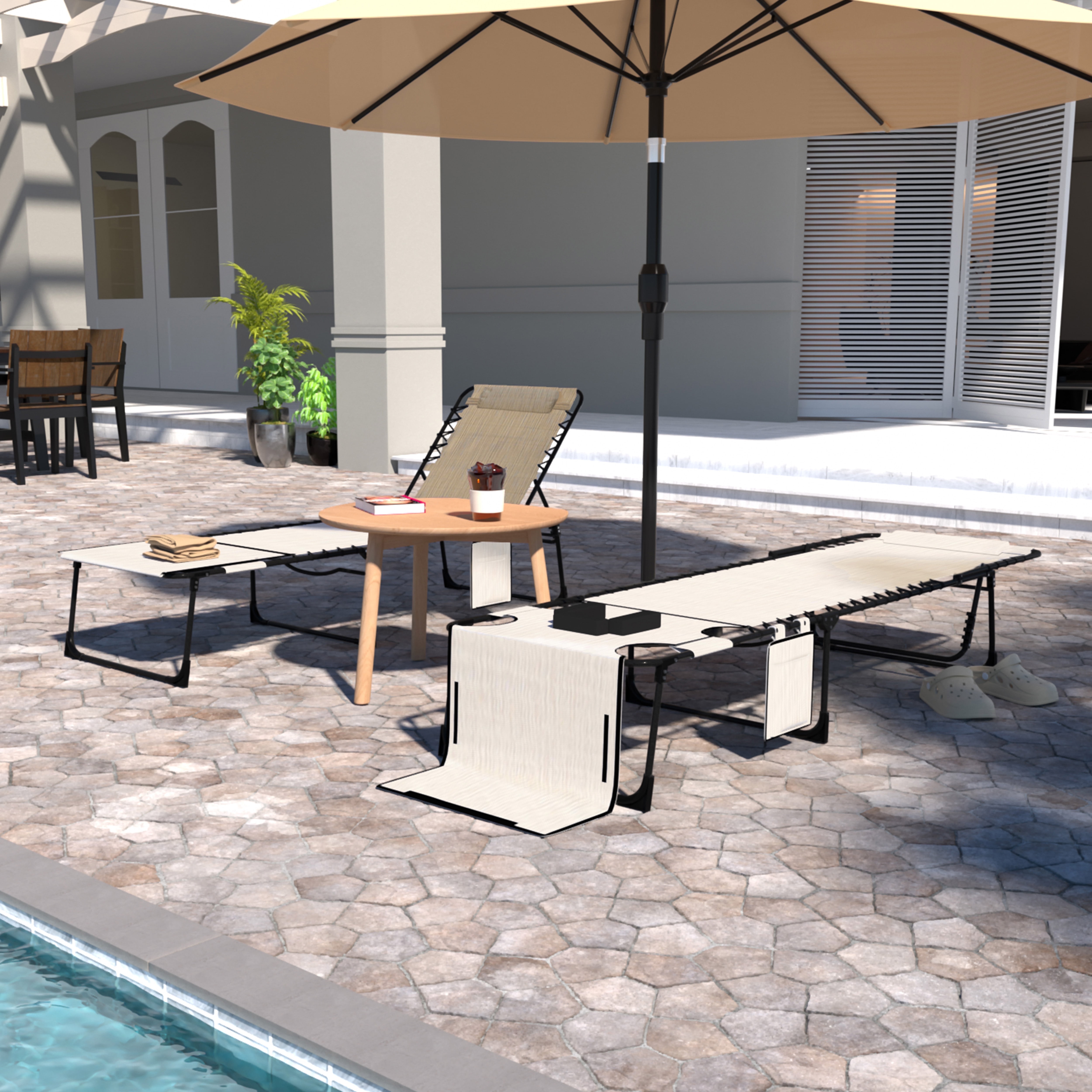 VEIKOUS 2 PCs Portable Tanning Chair, 5-Position Adjustable Sunbath Lounge Chair w/Face & Arm Hole, Pillow & Pocket, Cream White - Walmart.com