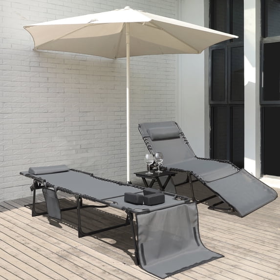 VEIKOUS 2 PCs Portable Tanning Chair, 5-Position Adjustable Sunbath Lounge Chair w/Face & Arm Hole, Pillow & Pocket, Gray