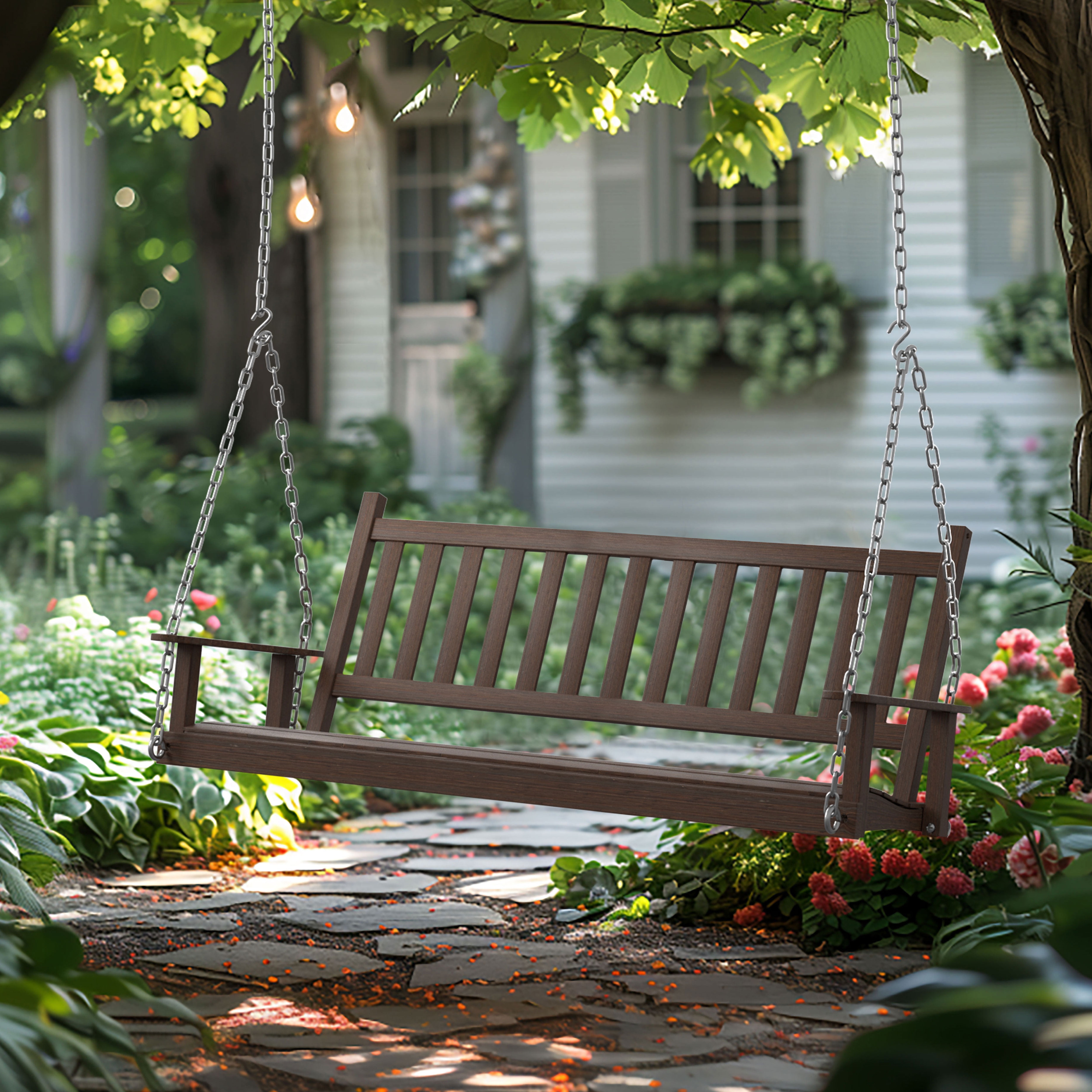 VEIKOUS Wooden 2 Person Outdoor Hanging Porch Swing Bench for Front