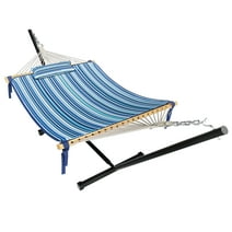 VEIKOUS 2 Person Portable Double Hammock w/Steel Stand w/Pillow and Spreader Bars, Striped Blue