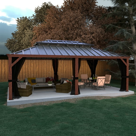 VEIKOUS 20' x 12' Outdoor Hardtop Gazebo, UV Resistant Double Roof Aluminum Wood Grain Gazebo for Garden, Backyard