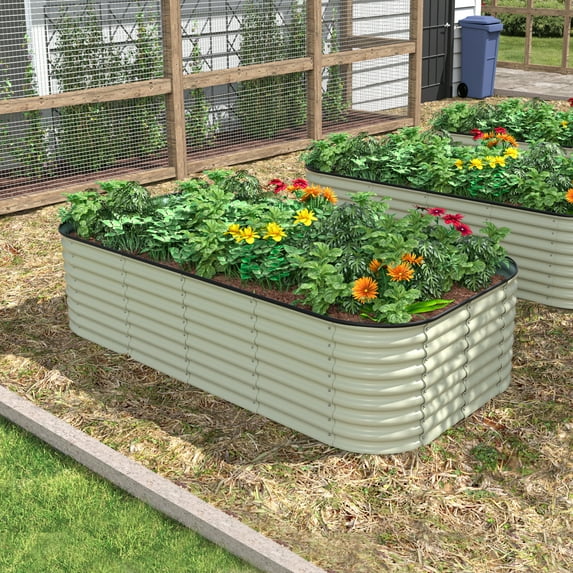 VEIKOUS 24"H Modular Metal Raised Garden Bed – 8x4x2ft Galvanized Planter, Cream White