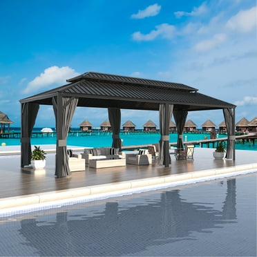 VEIKOUS 24' x 12' Outdoor Large Hardtop Gazebo, Oversized Double Roof Aluminum Gazebo with Curtains and Rain Gutters for Patio, Garden, Lawn