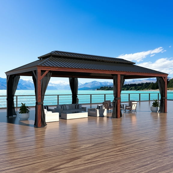 VEIKOUS 24' x 14' Outdoor Hardtop Gazebo, Aluminum Wood Grain Gazebo w/Double Roof for Patio, Garden