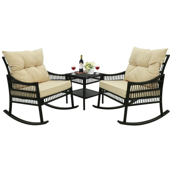 VEIKOUS 3-Piece Outdoor Bistro Sets with Rattan Rocking Chair and Tempered Glass Table, Cream White