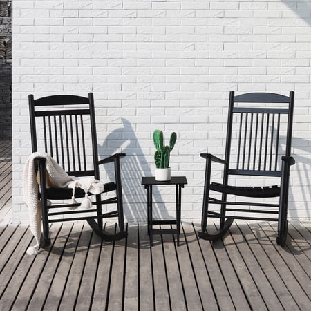 VEIKOUS 3-Piece Outdoor Rocking Chair Set of 3, Wood Rocker Set w/ 2 Seat & 1 Foldable Table, Black