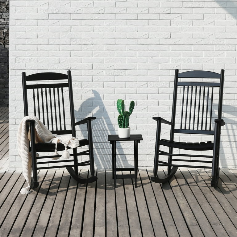 VEIKOUS 3 Piece Outdoor Wood Bistro Rocking Chair Set w 2 Seat Foldable Table Black