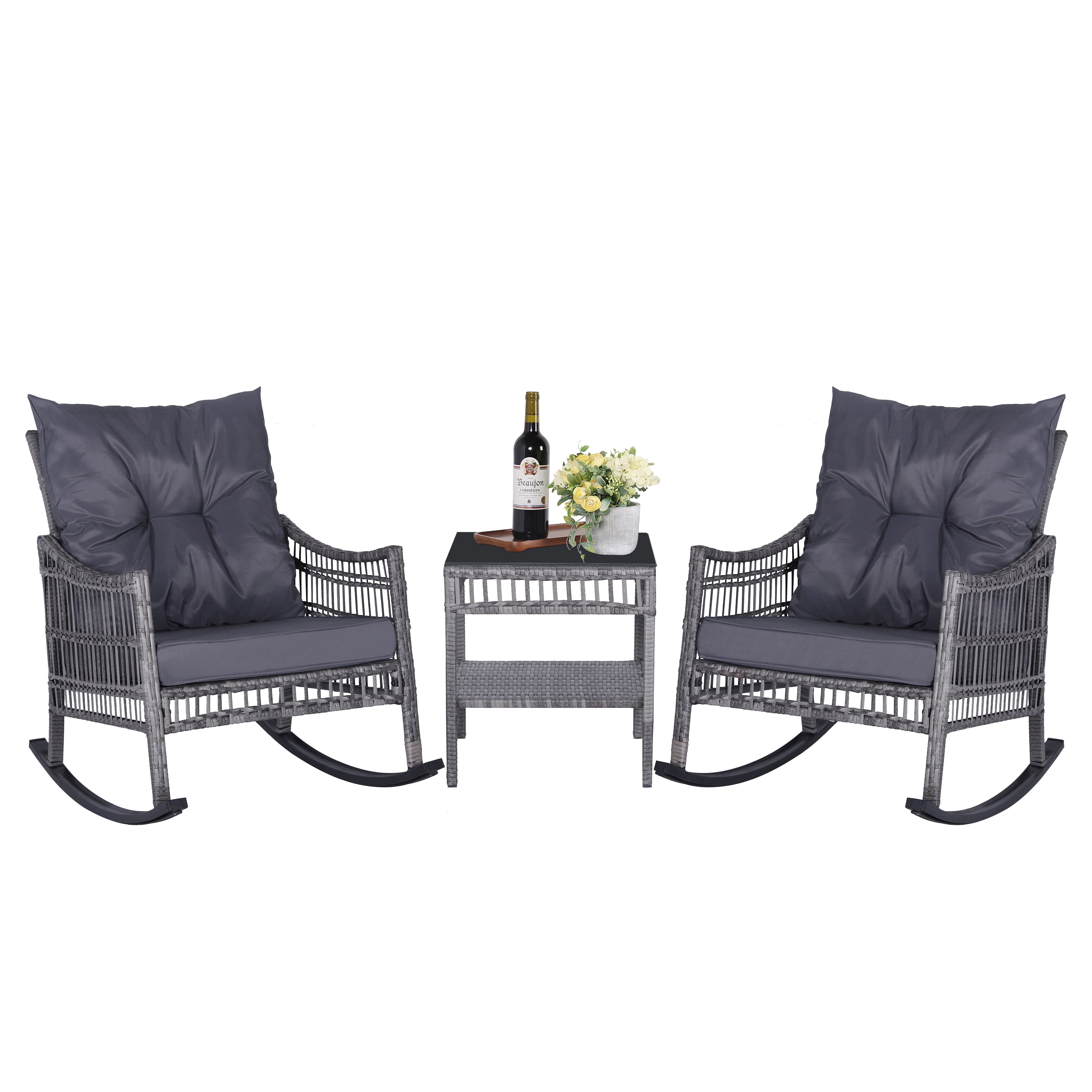 VEIKOUS 3Piece Wicker Bistro Rocking Chair Set for Outdoor Indoor w