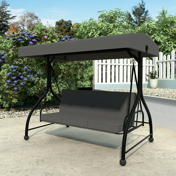 VEIKOUS 3-Seat Outdoor Porch Swing, Steel Glider Chair w/Adjustable Canopy and Cushion, Gray