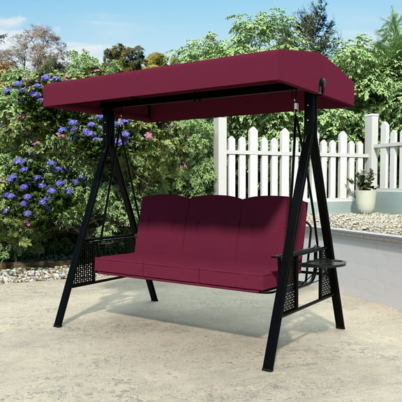 VEIKOUS 3-Seat Patio Porch Swing, Outdoor Steel Frame Glider w/Canopy and Side Trays, Wine Red