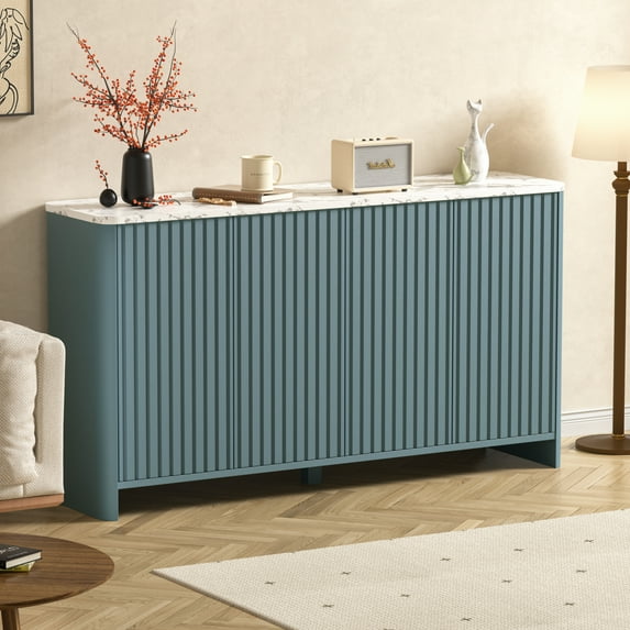 VEIKOUS 32"H Fluted Sideboard Cabinet w/ White Faux Marble Top Adjustable Shelves, 4-Door Buffet Cabinet for Kitchen, Bedroom, Living Room, Blue