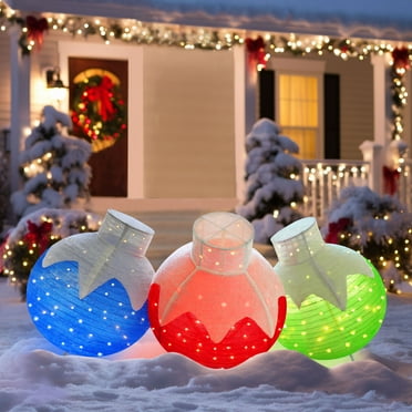 VEIKOUS 35in. Christmas Tri Color Pop-up Ball Decor Oversized w/Base for Holiday Yard Garden Lawn
