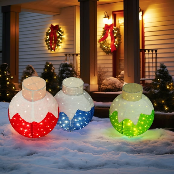 VEIKOUS 36" Christmas Tricolor Pop-Up Ball Decoration with 90 LED Lights for Patio, Garden, Lawn, Room