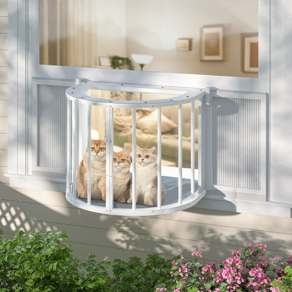 VEIKOUS 360°Cat Semi-Circular Window House, Wall-Mounted Catio Enclosure W/Clear Plexiglass, Fits 26"-42" Window, White