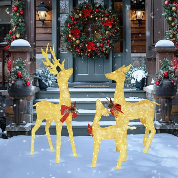 VEIKOUS 3D Lighted Reindeer Family Set Christmas 4.5ft Holiday Decoration w/200 LED Lights, Gold