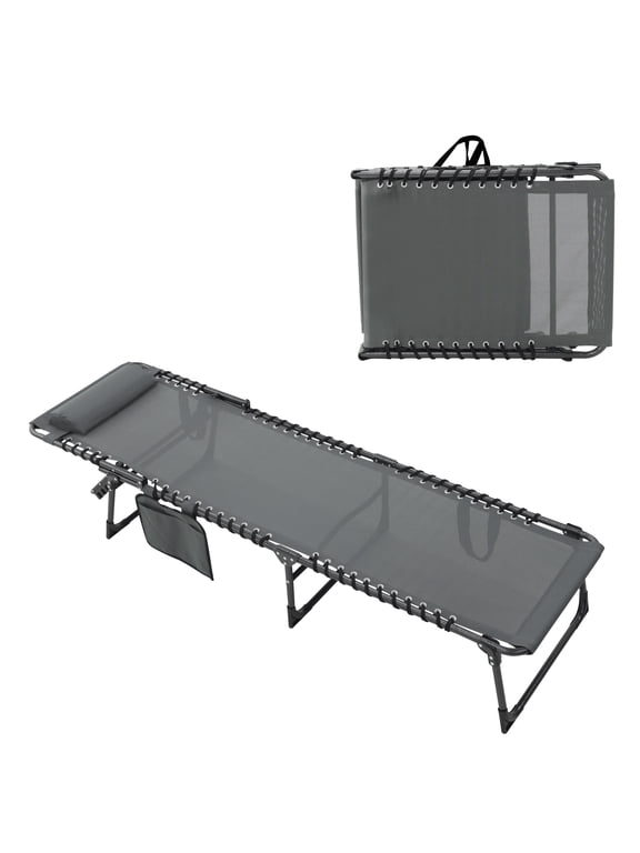 4-Fold Outdoor Chaise Lounge Chair for Patio with Detachable Pocket and Pillow, Gray