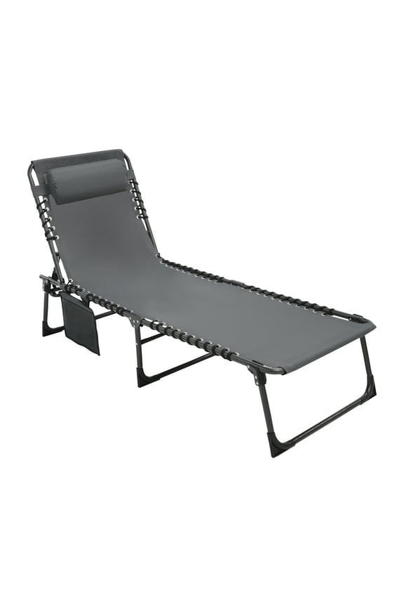 4-Fold Outdoor Chaise Lounge Chair for Patio with Detachable Pocket and Pillow, Grey