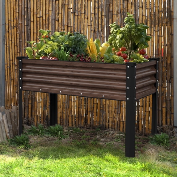 VEIKOUS 48"L×23"W×32"H Galvanized Steel Raised Garden Bed W/Drainage, Liner & Corner Protectors, Rustic