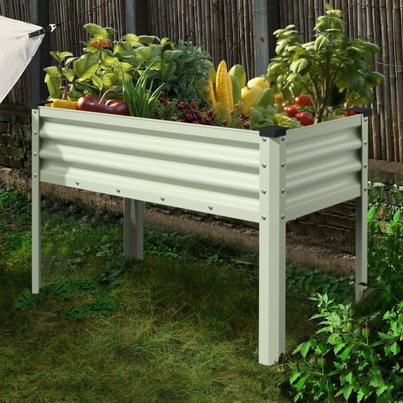 VEIKOUS 48x23x32in Raised Garden Bed, Steel Planter Box W/Drainage and Detachable Liner, 7.5 Cu Ft Capacity, Cream White
