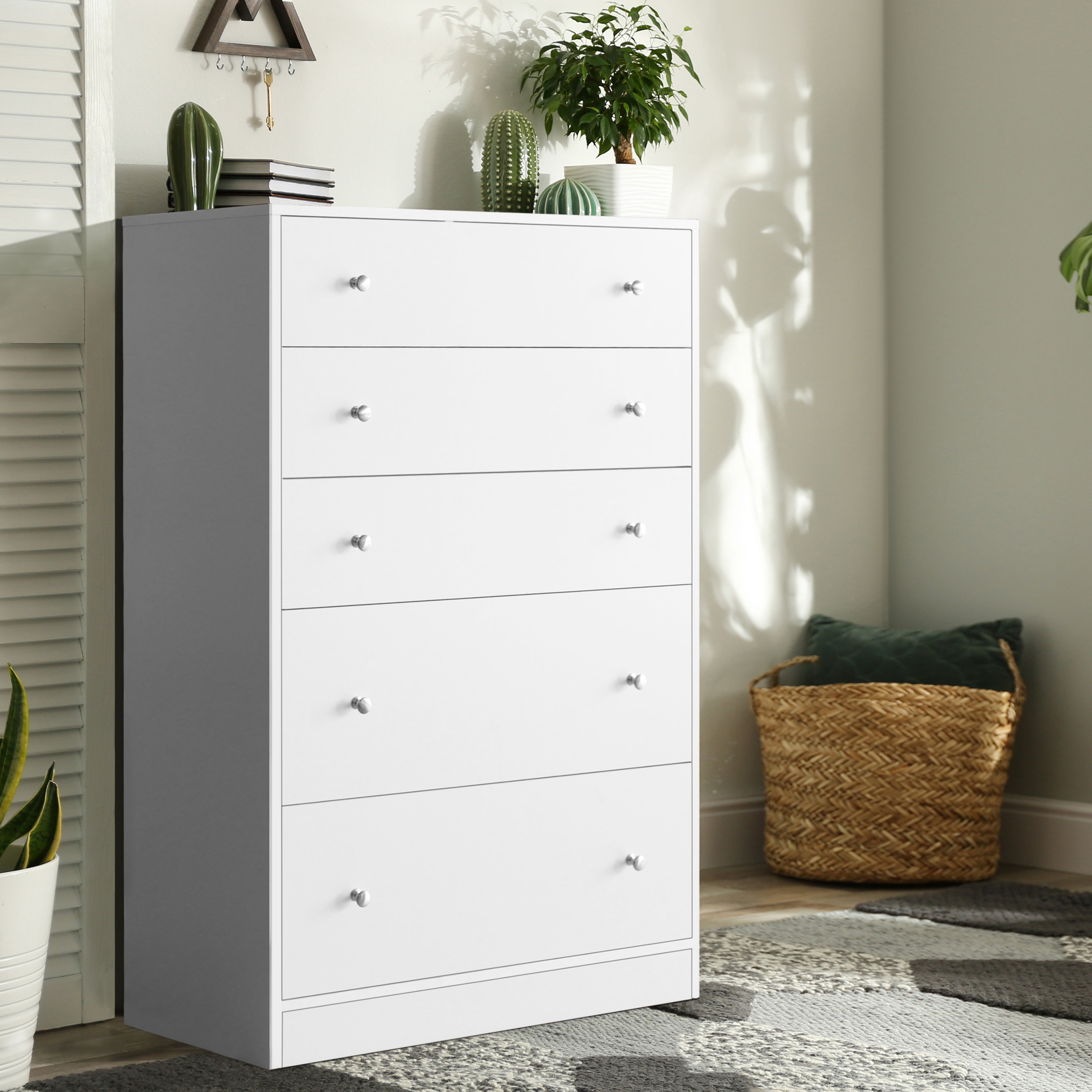 VEIKOUS White 5-Drawer Dresser Chest with Metal Knobs, Stylish ...