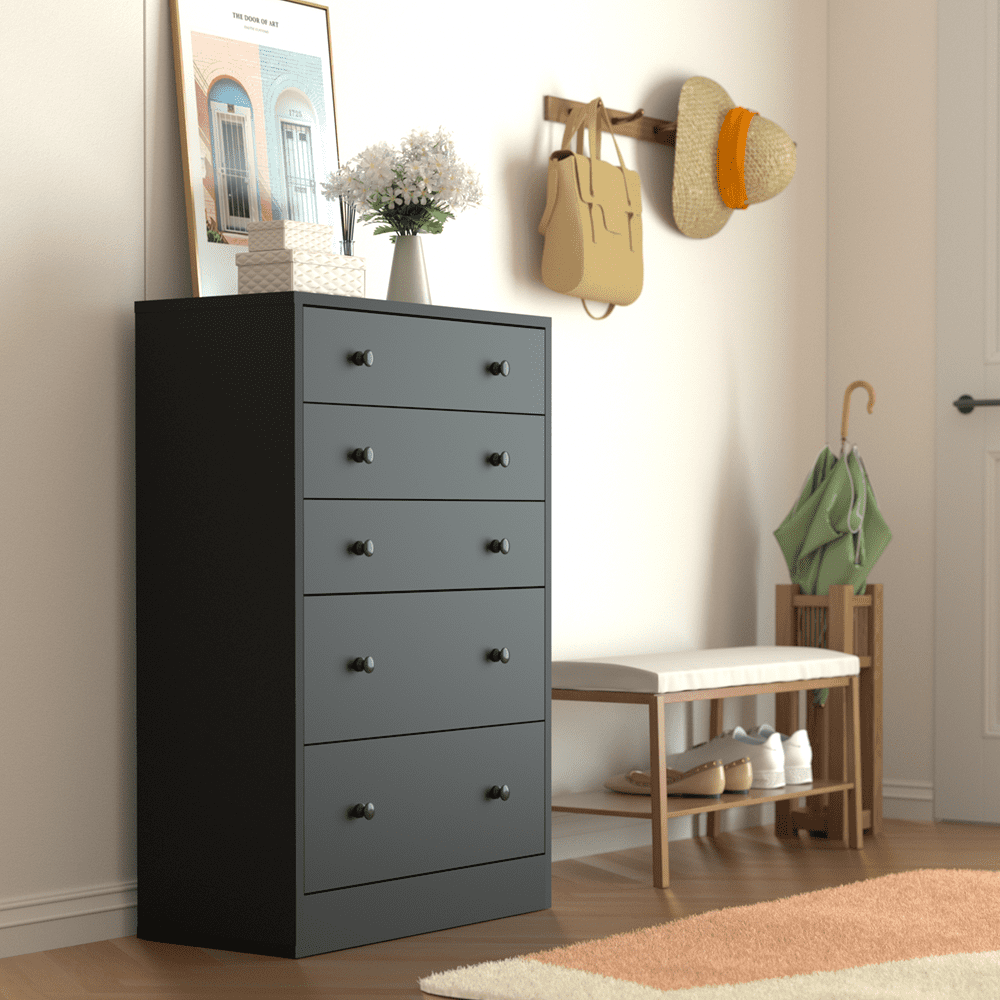 VEIKOUS Black 5-Drawer Wooden Dresser with Metal Knobs